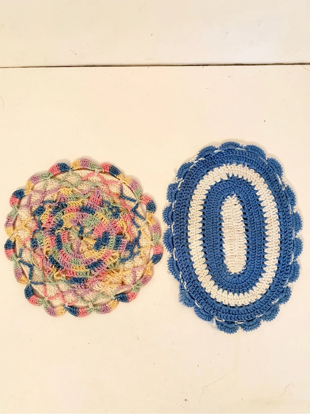 Vintage Set of 2 Hand Crafted Crochet Hot Pad Trivet Pastel Multicolor & Blue